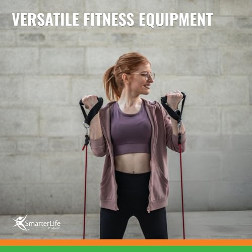 SmarterLife Resistance Bands with Handles, Physical Therapy Strap, Exercise Band to Tone Arms, Legs, Chest, Booty - 5 Exercise Bands with Handles, Ankle Straps, No-Slip Door Anchor, Storage Bag