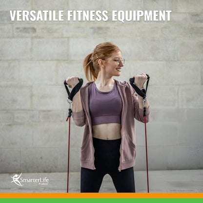 SmarterLife Resistance Bands with Handles, Physical Therapy Strap, Exercise Band to Tone Arms, Legs, Chest, Booty - 5 Exercise Bands with Handles, Ankle Straps, No-Slip Door Anchor, Storage Bag