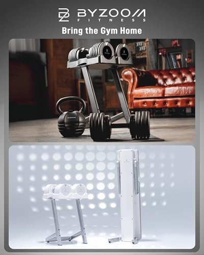 BYZOOM FITNESS Pure Series Adjustable Dumbbell - 12.5/25/27.5/50/55/75lb - ONE UNIT OR PAIR(check QTY before purchase) - 5-in-1/ 10-in-1 / 15-in-1 / 21-in-1 Flexible Hand Weights for Home Apartment Garage Gym, Strength Training & Fitness Workouts, White O
