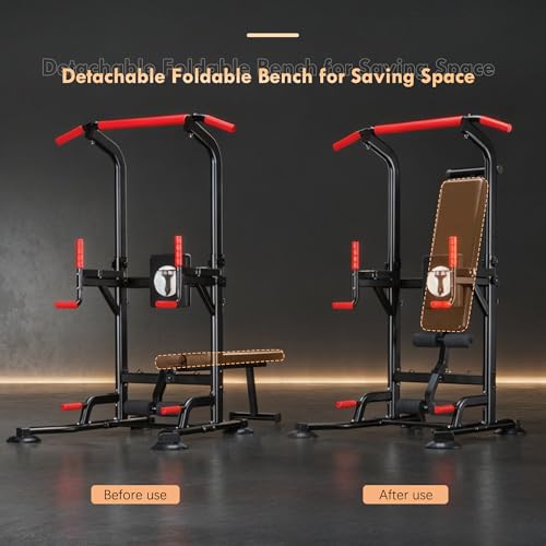 SogesHome Multi-Function Power Tower Pull Up Bar Dip Station, Home Gym Adjustable Height Fitness Workout Equipment with Foldable Dumbbell Stool, 330LB Capacity for Push-Ups, Sit-Ups, Strength Training