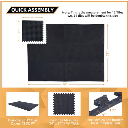 24 Pack, 96 SQFT - 24" x 24" - 1/2" Extra Thick Floor Exercise Mat for Home Gym or Floor Padding - High-Density EVA Interlocking Foam Floor Tiles for Gym Equipment, Play Area | Yoga, Cardio, Weights - size: Black