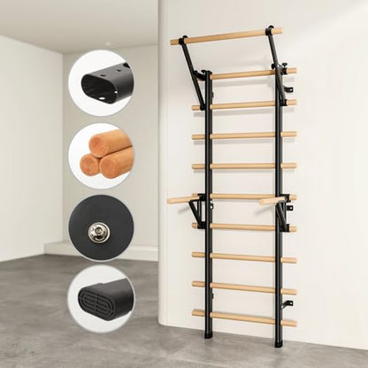 DHT Wood Stall Bar, Swedish Ladder Suspension Trainer with 9 Strategic Rods, for Home, Gym, School and Clinics, Black - color: WA2