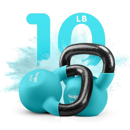 Yes4All Kettlebell, 5-65 LB Neoprene Coated Cast Iron Kettlebells, Wide Grip Handle & Flat Bottom for Swings, Squats, Deadlifts, Push Ups & Full Body Training at Home Gym - Single & Set - color: B. 10LB - Peacock Blue, style: A. Single