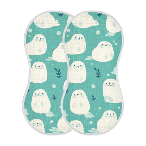 Cute Seal Teal Muslin Burp Cloths 2 Pack - Extra Large 22"x11", 4-Layer Soft Absorbent Cotton, Waterproof Backing, Baby Drool Rags for Newborn