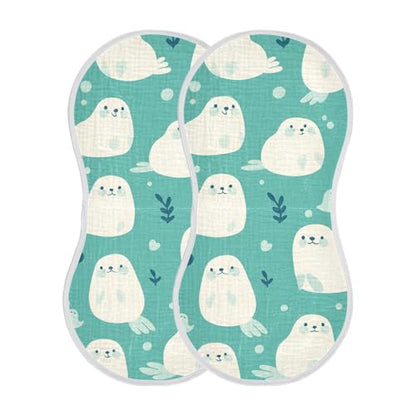 Cute Seal Teal Muslin Burp Cloths 2 Pack - Extra Large 22"x11", 4-Layer Soft Absorbent Cotton, Waterproof Backing, Baby Drool Rags for Newborn
