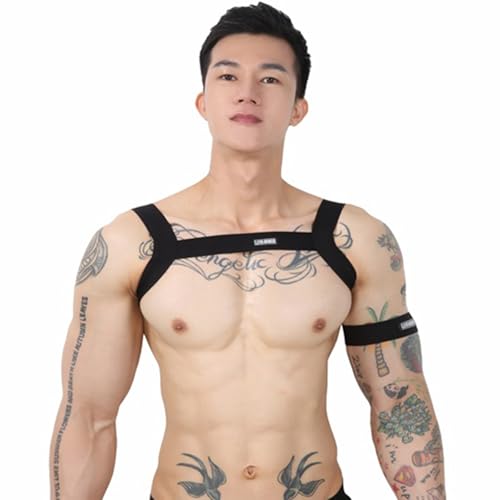 Men's Fitness Chest Harness, Nylon Elastic Resistance Band, Adjustable Muscle Training Strap with Arm Band, Unisex Adult - color: black