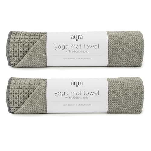 S&T INC. Aura Yoga Mat Towel with Non-Slip Grip, Enhanced Silicone Grip, Soft and Absorbent for Gym, Pilates, and Hot Yoga Mat, 2 Pack, 24 inches x 72 inches, 340GSM, Grey - color: Grey 2-pack