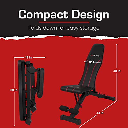 Adjustable Bench By Core Home Fitness, Foldable Weight Bench, Incline/Decline/Flat Bench, 7 Back Adjustments, Adjustable Seat, Black/Red (51MAB)