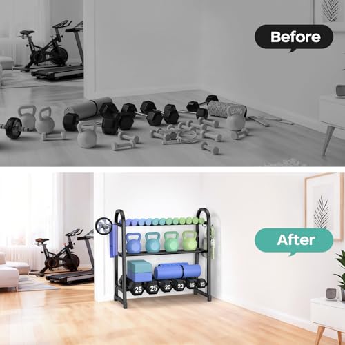 3 Tier Dumbble Rack - 360LB Capacity Adjustable Dumbbell Storage Rack Space-Saving Home Gym Weight Rack For Dumbbells And Kettlebells With Hooks (Dumbbell Rack Stand Only) - size: 29.96''Length