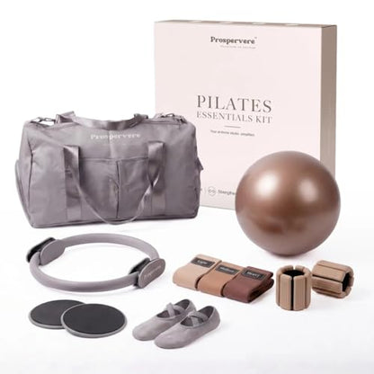 Premium 12pc Pilates Kit – 15 inch Pilates Ring and Ball Set w/ 1lbs Ankle Weights, Fabric Resistance Bands, Sliders, Yoga Socks & Gym Bag – Pilates Workout, Home Gym Equipment Accessories - color: Mocha Drive (Brown/Gray)
