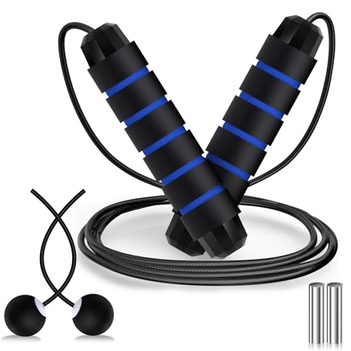 Weighted Cordless Jump Rope Ropeless Jump Rope 2 in 1 Adjustable Length Skipping with Ball and Soft Handles for Women Men Adult Fitness Workouts Exercise Training(Blue) - color: Blue