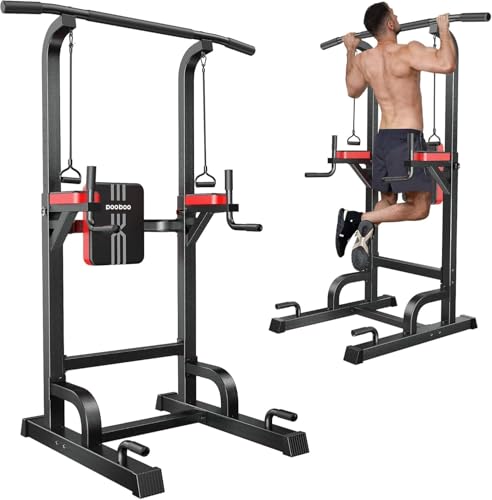 Pull Up Bar Power Tower Dip Station, 450LB Adjustable Home Gym Equipment - color: Black Red-03