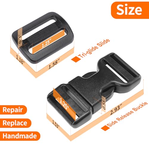 BEYOURD Heavy-Duty Buckles and Strap Set 1-1/4": 6 Yards of Thick Nylon Webbing, 6-Pack Adjustable Quick Side Release Plastic Buckles, 12 Tri-Glide Slide Clips, Black (1 1/4 Inch Combo Set) - style: 1-1/4" Combo Set