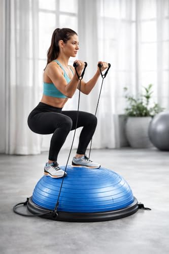 Balance Ball Trainer with Resistance Bands and Foot Pump, Inflatable Yoga Ball for Home Gym Workouts, 23 Inch Exercise Half Ball for Balance Training Core Strength Fitness More, 330lb Cap