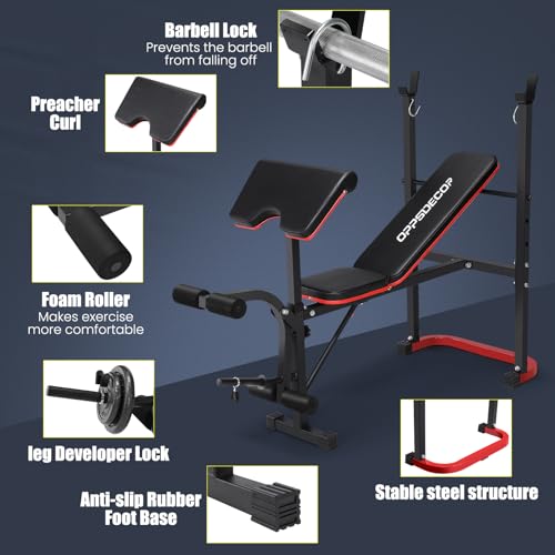 OPPSDECOR 661LBS Weight Bench Set, 8 in 1 Adjustable Bench Press with Squat Rack Leg Extension & Leg Curl Foldable Workout Bench with Safety Bar Catches Standard Weight Training Benches for Home Gym