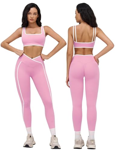 Color Block Workout Sets for Women 2 Piece Gym Yoga Sports Bra Matching High Waist Crossover Leggings Work Out Outfits - color: Pink, size: Medium