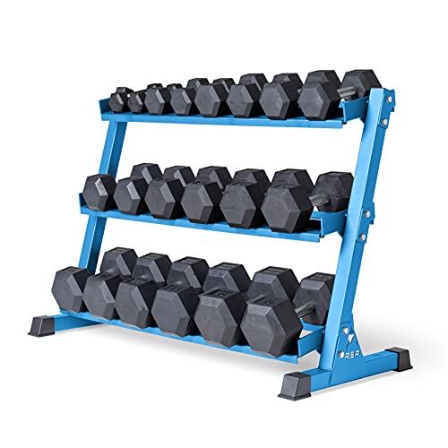 REP Fitness Rubber Hex Dumbbell Set, Adjustable Weight Pairs, Home Gym Equipment, Strength Training For Men Women, Black Coated Grips, Workout Rack Storage Optional, Heavy Lb Free Weights - style: 5-50 lb set Blue rack