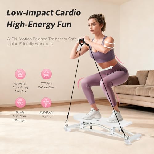 Balance Board for Adults, Ski Machine Exercise Equipment with Resistance Bands, Rock Stepper Featuring LCD Monitor, Portable Wobble Board or Full Body Workout at Home Gym