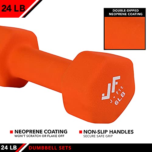JFIT Dumbbell Pairs or Sets – Neoprene & Vinyl Coated Hand Weights for Home Gym, Strength Training, Aerobics, Cardio Exercise and Fitness - size: 24 lbs (Set), style: Dumbbell Set with Rack