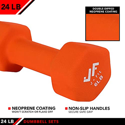 JFIT Dumbbell Pairs or Sets – Neoprene & Vinyl Coated Hand Weights for Home Gym, Strength Training, Aerobics, Cardio Exercise and Fitness - size: 24 lbs (Set), style: Dumbbell Set with Rack