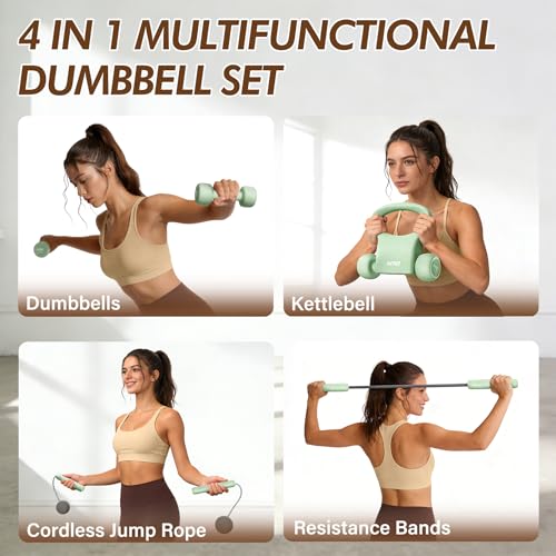 HTQ Adjustable Dumbbell Set for Women, 2-17LBS Total Plate Weight Home Workout Equipment with Kettlebell, Wrist Weights, Resistance Tube, Jump Rope, Pink/Green Free Weights Set for Women at Home - color: Green