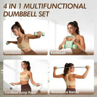 HTQ Adjustable Dumbbell Set for Women, 2-17LBS Total Plate Weight Home Workout Equipment with Kettlebell, Wrist Weights, Resistance Tube, Jump Rope, Pink/Green Free Weights Set for Women at Home - color: Green
