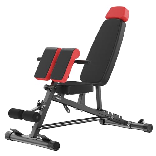 OLIXIS Adjustable Weight Bench, 660 LBS Foldable Workout Bench Press | Heavy Duty Chest Press Machine with Hyper Back Extension & 2 Wheels, for Flat Incline Decline Sit Up for Home Gym - color: Inky Black & Red
