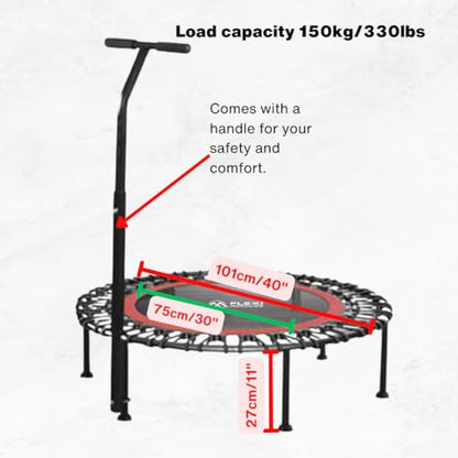 40" Mini Rebounder Fitness Trampoline for Adults with Bungee Cords and Safety Bar. 330LBS/150KG Weight Limit, Ideal for Indoor Outdoor Home Gym Workouts.