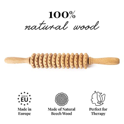Tuuli Wooden Massage Roller for Waist and Thigh, Multi-Functional Body Roller for Cellulite Reduction and Muscle Tension, Natural Massager for Women and Men (Straight)