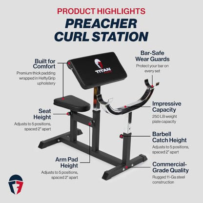 Titan Fitness Adjustable Preacher Curl Weight Station, 250 LB Capacity, Adjustable Bench Seat, Adjustable Arm Rest, Durable Bar Catches, Seated Home Gym Barbell and Dumbbell Biceps Station