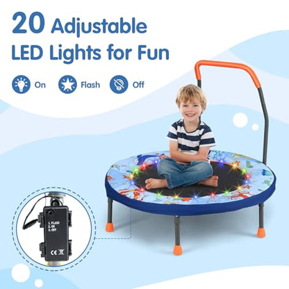 Goplus Foldable Toddler Trampoline for Kids, 36'' Recreational Mini Trampoline w/20 LED Lights, Foam Handle, Padded Safety Cover, Indoor Outdoor Exercise Rebounder for Boys Girls Aged 3-6 - style: Baby Blue-Ocean