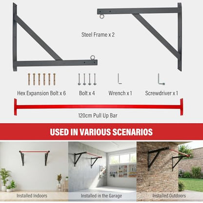 Wall Mounted Pull Up Bar, Heavy Duty Chin Up Bar Wall Mount for Home Gym Workout 500 lbs Weight Capacity Multi-Grip Strength Training Pull-Up Bars for Garage Gym