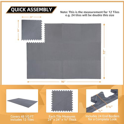 12 Pack, 48 SQFT - 24" x 24" - 1/2" Extra Thick Floor Exercise Mat for Home Gym or Floor Padding - High-Density EVA Interlocking Foam Floor Tiles for Gym Equipment, Play Area | Yoga, Cardio, Weights - size: Grey