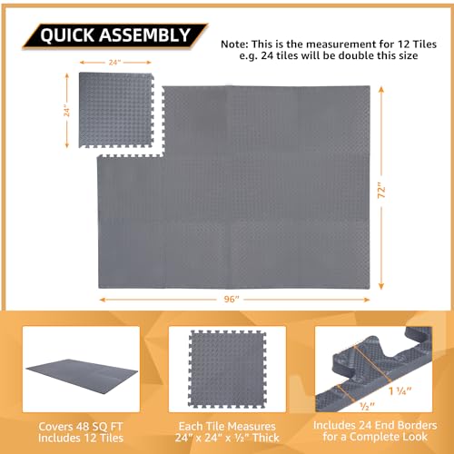 12 Pack, 48 SQFT - 24" x 24" - 1/2" Extra Thick Floor Exercise Mat for Home Gym or Floor Padding - High-Density EVA Interlocking Foam Floor Tiles for Gym Equipment, Play Area | Yoga, Cardio, Weights - size: Grey