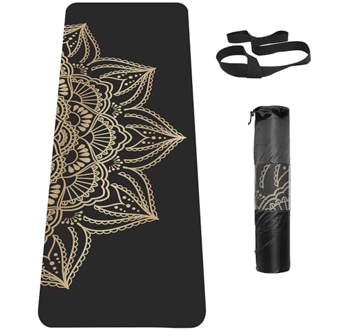 Non Slip Yoga Mat TPE Workout Mat for Men Women, Thick Workout Mat with Carrying Strap, Fitness Mats for Exercise, Yoga, Fitness, Pilates, Floor Workouts (72" x 24" x 6mm) - color: Black flower