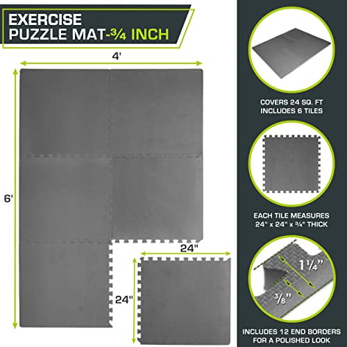 ProsourceFit Weaved Pattern Extra Thick Exercise Puzzle Mat ¾-inch, EVA Foam Interlocking Tiles for Protective, Cushioned Flooring for Home and Gym Equipment; Grey, 24 SQ FT, 6 Tiles