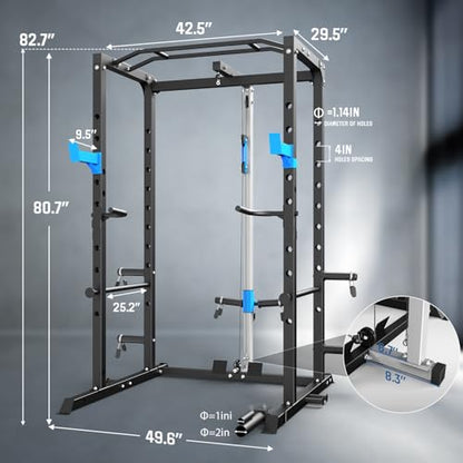 Power Cage, Multi-Functional Power Rack with J-Hooks, Dip Handles, Landmine Attachment and Optional Cable Pulley System for Home Gym - size: Power Cage with Pulley System
