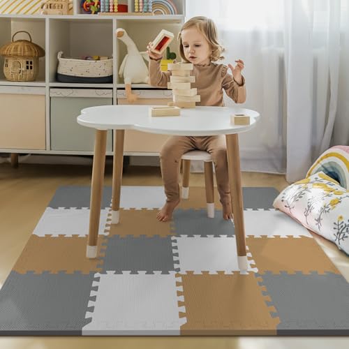 16 Tiles Baby Play Mat for Floor, EVA Foam Baby Floor Play Mat with 0.6 Inch Thick Interlocking Foam Tiles, Foam Floor Tiles for Baby, Toddlers and Kids (White-Brown-Grey, 16PCS)