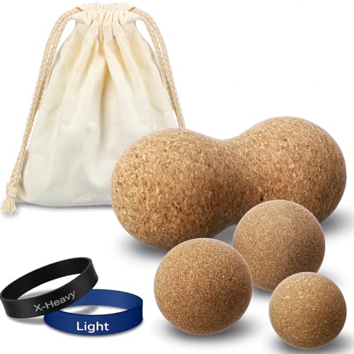 Konohan Cork Massage Balls & Toe Stretching Bands Set Includes 4 Peanut & Round Myofascial Release Balls, 2 Toe Stretching Bands and 1 Storage Bag for Plantar Fascia Relief, Foot Pain Therapy Tools