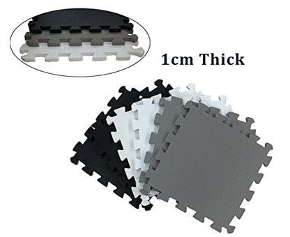 16 Pieces Foam Play Mat with Border, Interlocking Playmat Tiles, Foam Floor Mat Tiles, Puzzle Play Mats, Exercise Gym Mats – Color of Black & Grey & White