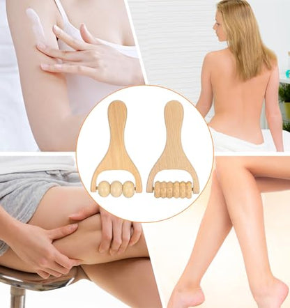 2 Pcs Wooden Massage Roller Handheld Bead Massage Tool for Muscle Relief, Body Care Manual Tool for Neck Back Leg Foot, Handheld 3 Bead Gear Roller for Home Gym Travel