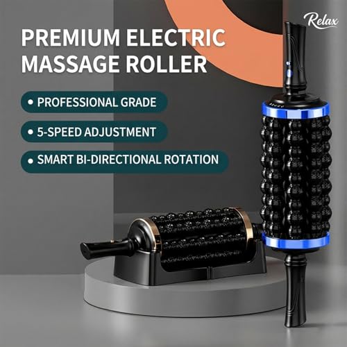 Electric Rolling Percussive Massager, Hands-Free Base, 5-Speed Adjustable Intensity, Rechargeable Fascia Roller for Back, Legs, Feet, Deep Tissue Muscle Recovery (Rose Gold)