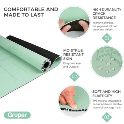 Gruper Yoga Mat Non Slip TPE Extra Wide Yoga Mat with Alignment Mark, 72"L x 32"W x 0.32"/0.24"Th (183cm x 80cm x 8mm/6mm), Anti-Tear Exercise Mat with Carrying Strap and Bag, Workout Mats for Yoga, Pilates
