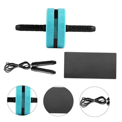 Silent Ab Roller Wheel Fitness Trainer with Wide Stability Wheel Knee Pad and Jump Rope for Core Strength and Posture Correction Suitable for Beginners and Professionals Blue and