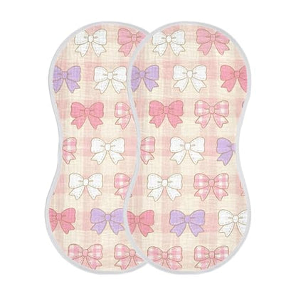 Pastel Bows Pattern Muslin Burp Cloths 4 Pack - Extra Large 22"x11", 4-Layer Soft Absorbent Cotton, Waterproof Backing, Baby Drool Rags for Newborn