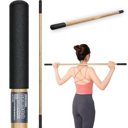 Bamboo Stretch Yoga Stick, 5ft/149 cm, Flexibility Stick for Physical Therapy, Premium Yoga Dowel with Super Sturdy Rubber Handle Ends, Exercise Bar for Posture Corrector