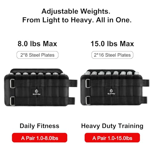 Adjustable Ankle Weights for Women & Men - 1-8/15lb Pair - Black | Removable steel plates & adjustable weight, comfortable & tear resistant. For walking, running, yoga, gym. 1 pair