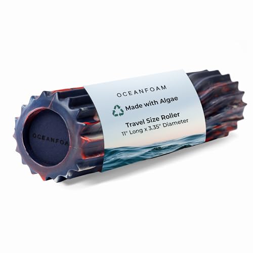 Ripple Travel Foam Roller (11" x 3.35") Firm Mini Foam Roller for Physical Therapy, Deep Tissue Massage, Back Pain - High Density, Wave Textured - Yoga (Red, Dark Navy & Natural Marbled) - color: Red, Dark Navy & Natural Marbled