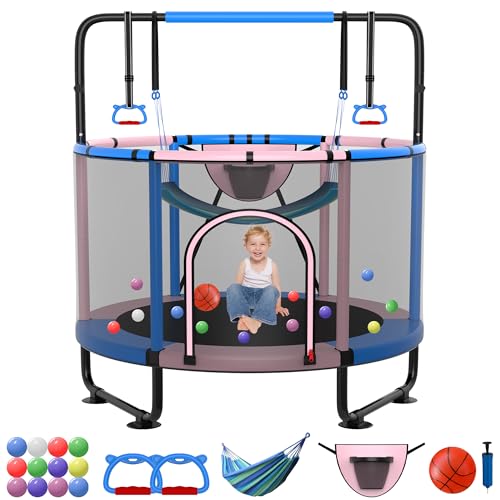 SKYUP 54"/60''/66" Mini Trampoline for Kids Ages 3+, 400LBS No-Gap Toddler Trampoline with Net, Swing, Adjustable Gymnastics Bars, Basketball Hoop, Indoor/Outdoor Trampoline, Boys & Girls Gifts Toys - color: Pink, size: 4.5FT