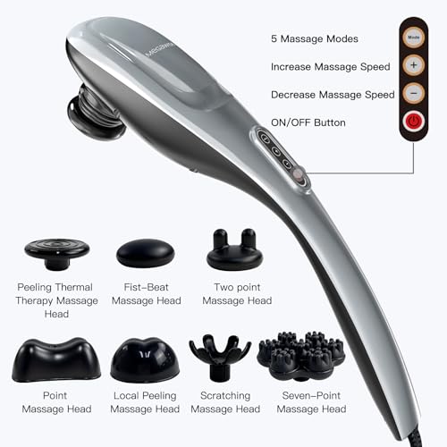 MEGAWISE Handheld Deep Tissue Neck Back Massager for Shoulders, Waist, Legs, 3600 RPM Powerful Motor Electric Neck Massager with 5 Nodes & 5 Speeds, A Little Heavy